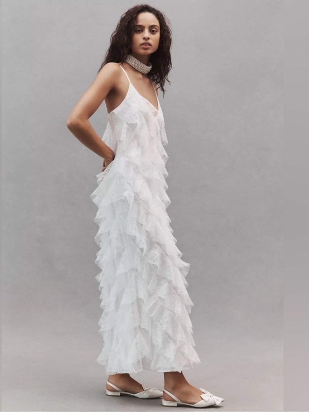 BHLDN Dress Jia Bias Cut Slip Maxi Cascading Ruffle Lace Tiered in White